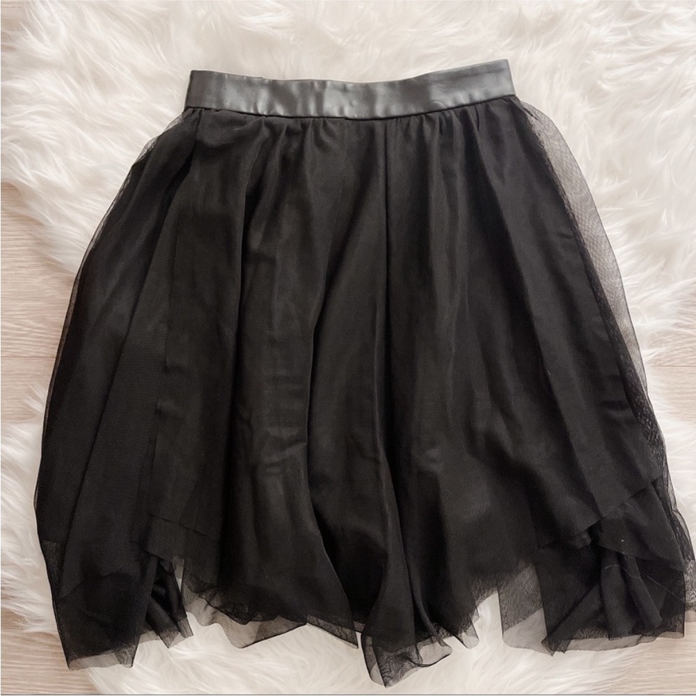 Zara black tulle skirt asymmetrical hem faux leather waist size medium